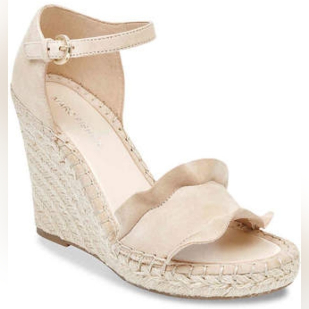 Marc Fisher Kickoff Leather Open Toe Wedge Sandal Ruffle Heels Bohemian Beige